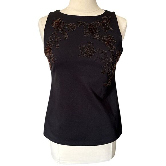 Ann Taylor Women's Sleeveless Beaded Floral‎ Top Small Black Stretch - Picture 2 of 10